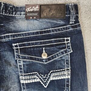 True Luck Jeans Men 36x32 Dark Blast Relaxed Straight Stretch Thick Stitch NWT
